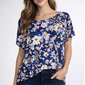 Anthropologie MAEVE Blue Milla Floral Short Sleeve Flowy Oversized Womens XS Top
